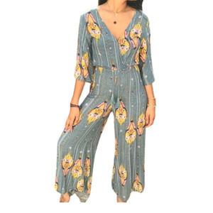JAASE Jumpsuit Bell Sleeves Surplice V-Neck Floral Blue Tie-Waist Midi Length XS